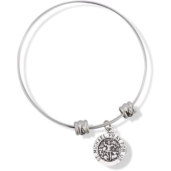 Saint Michael Pray for Us Round Charm Fancy Charm Bangle - Picture 1 of 4